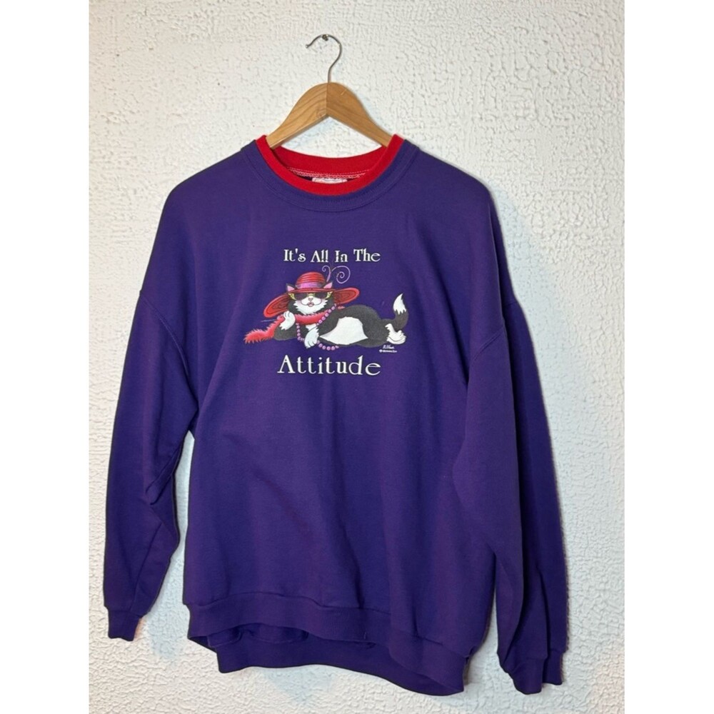 Vintage Cat decal "It's All In The Attitude" 80's 90's Morning-sun Women's Purpl